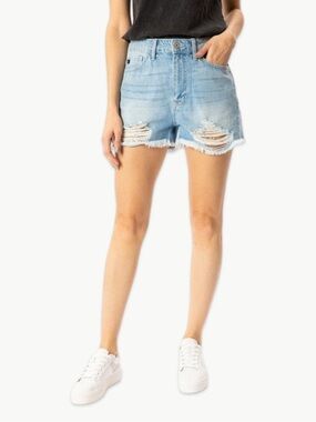 KanCan High Rise Destroyed Mom Shorts Size 9 28 Light Wash Denim New